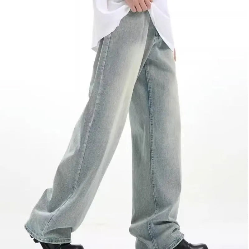 Blue retro trousers with rabbit fur fabric and high elasticity in loose casual fit