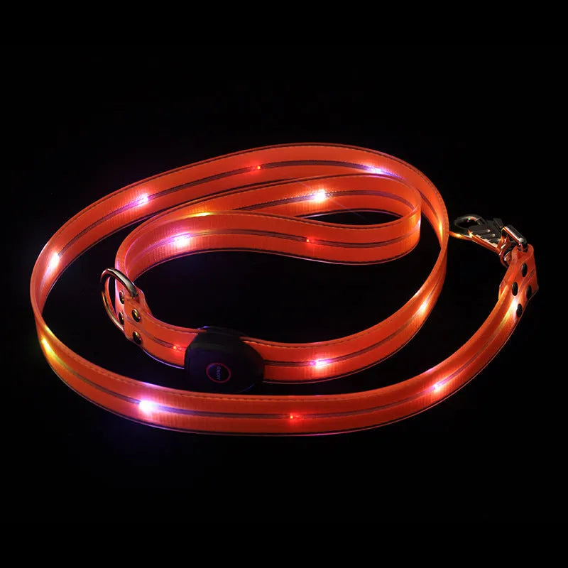 Orange PVC dog collar and lead set laid flat, showing its 120cm length.