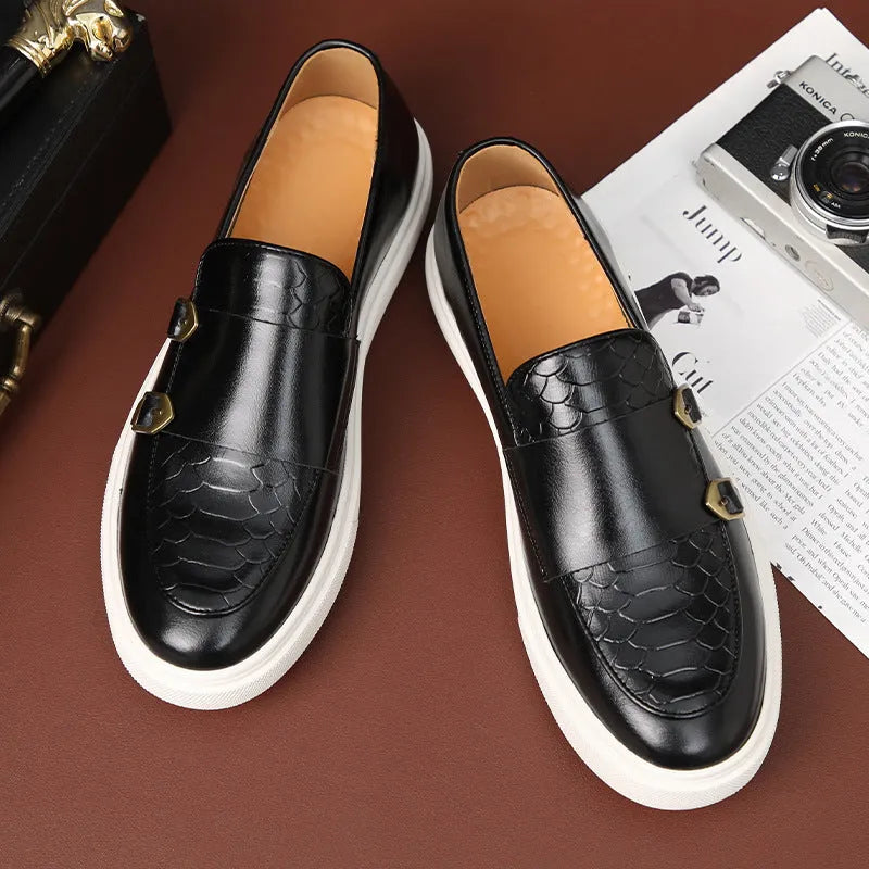 Men's casual embossed leather stitching shoes with flat heel, round toe, black and brown colour, sizes 38-46