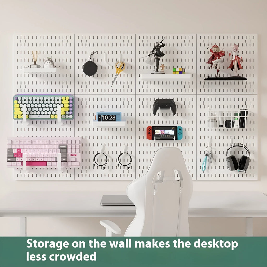 White plastic punch-free wire-wrap board organising cables on wall with modular panel design