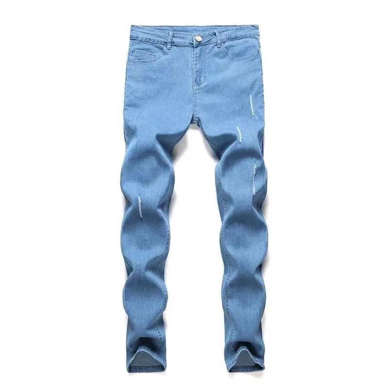 Men's blue ripped stretch denim jeans mid-waist trousers size options S to XXXL