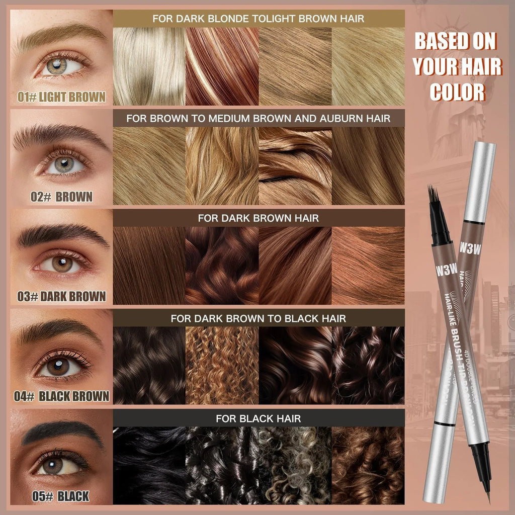 Waterproof sweat-proof smudge-proof double-ended eyebrow pencil with powder in five colour options including light brown, brown, dark brown, black brown, and black.
