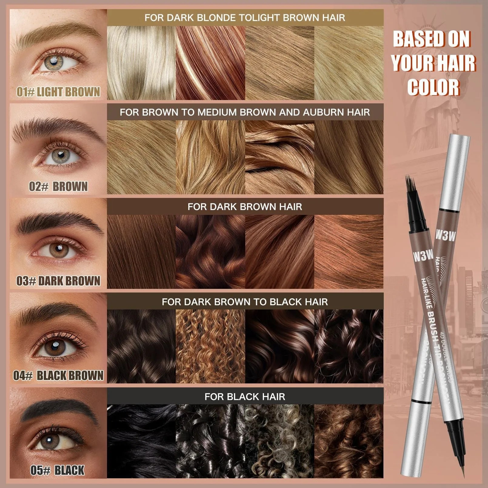 Waterproof sweat-proof smudge-proof double-ended eyebrow pencil with powder in five colour options including light brown, brown, dark brown, black brown, and black.