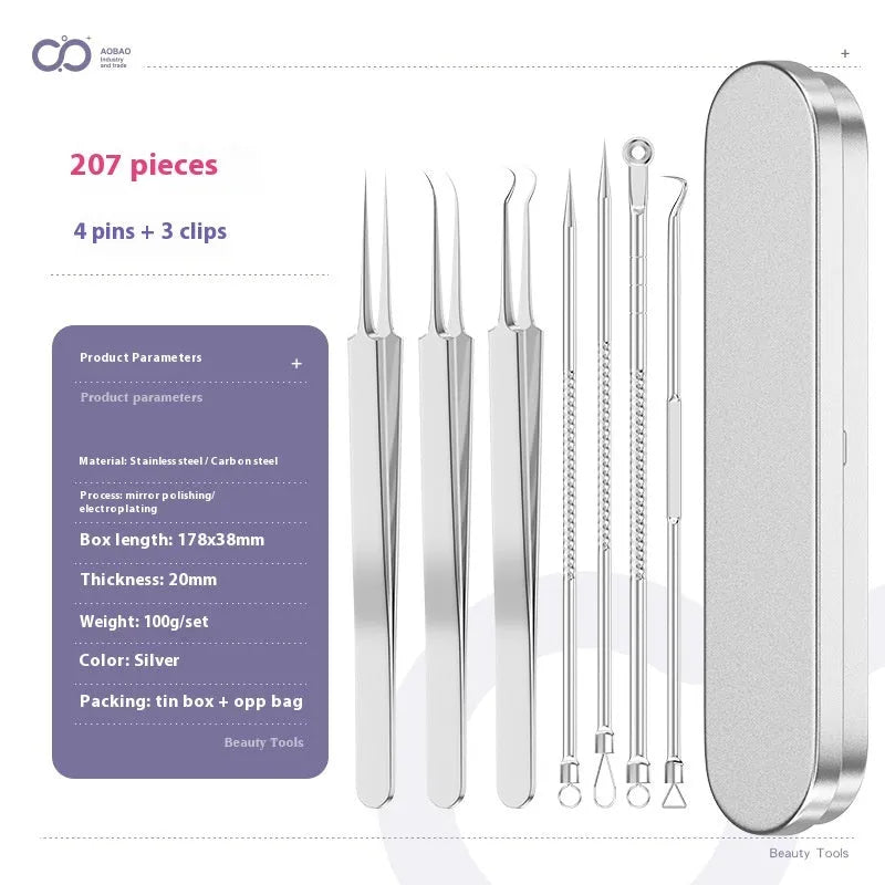 Four silver metal acne needles with ultra-fine pointed tips for skin treatment.
