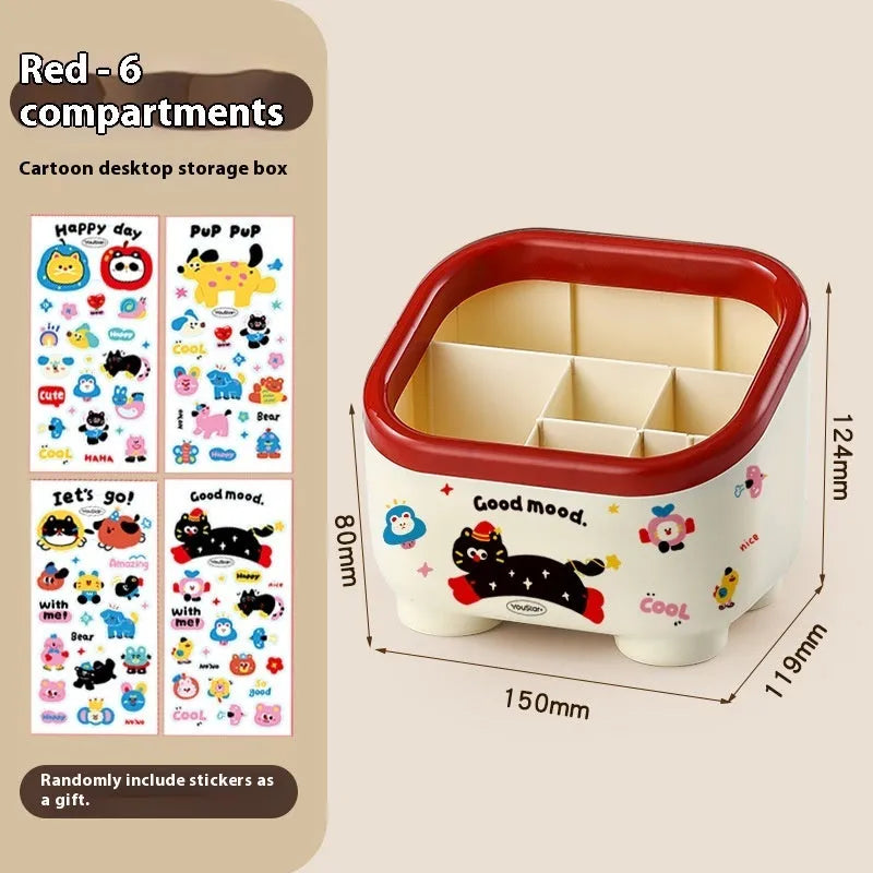 Cartoon-style red and brown plastic desktop storage organiser with 2L capacity and organisation stickers.