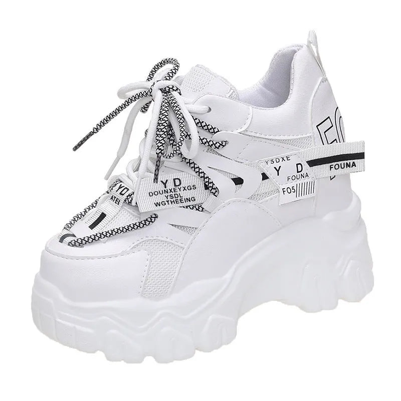 Women's white mesh platform sports shoes with cross strap and 6-8cm heel