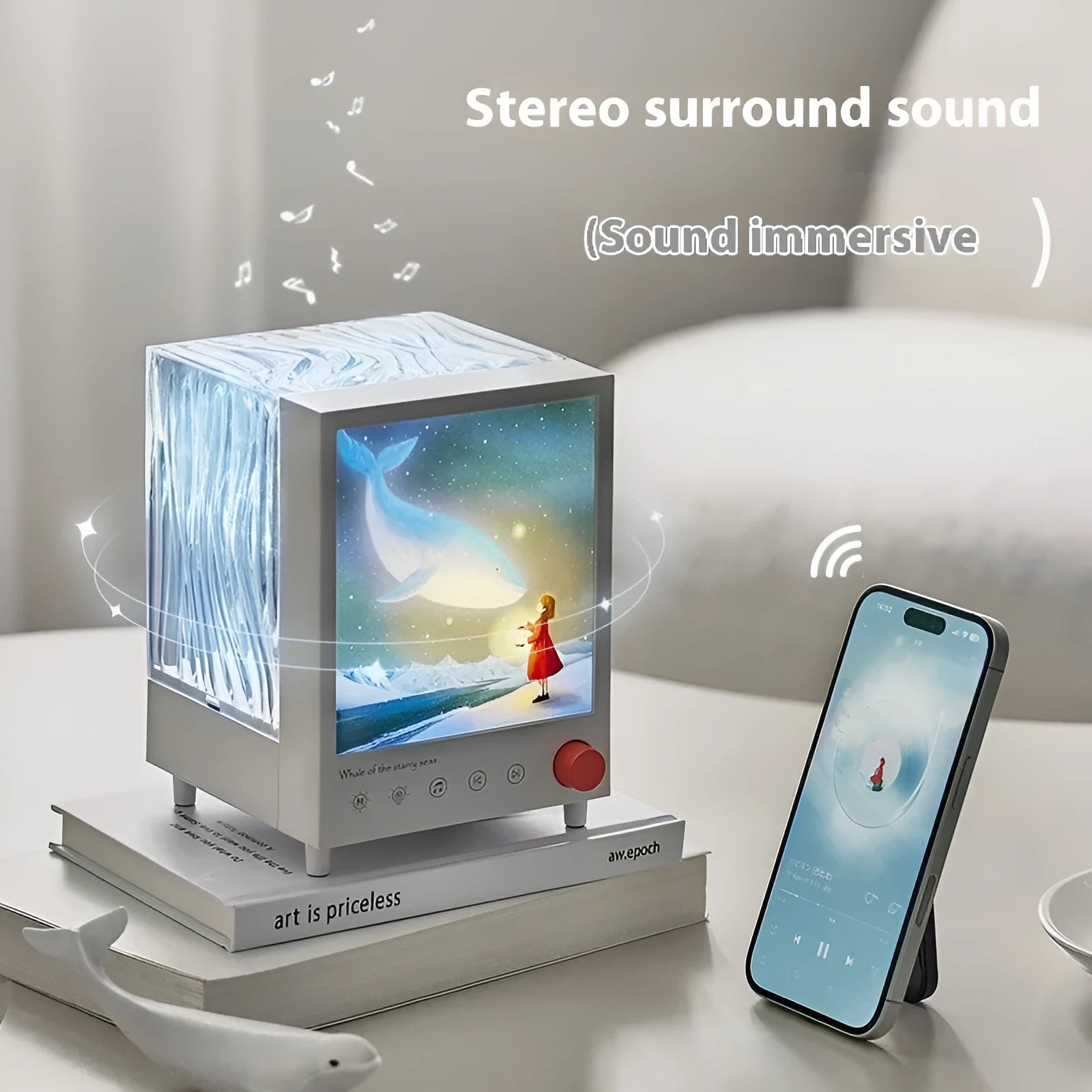 Aurora Treasure Box atmosphere projection lamp with Bluetooth speaker showing Star Sea Whale light colour and compact design