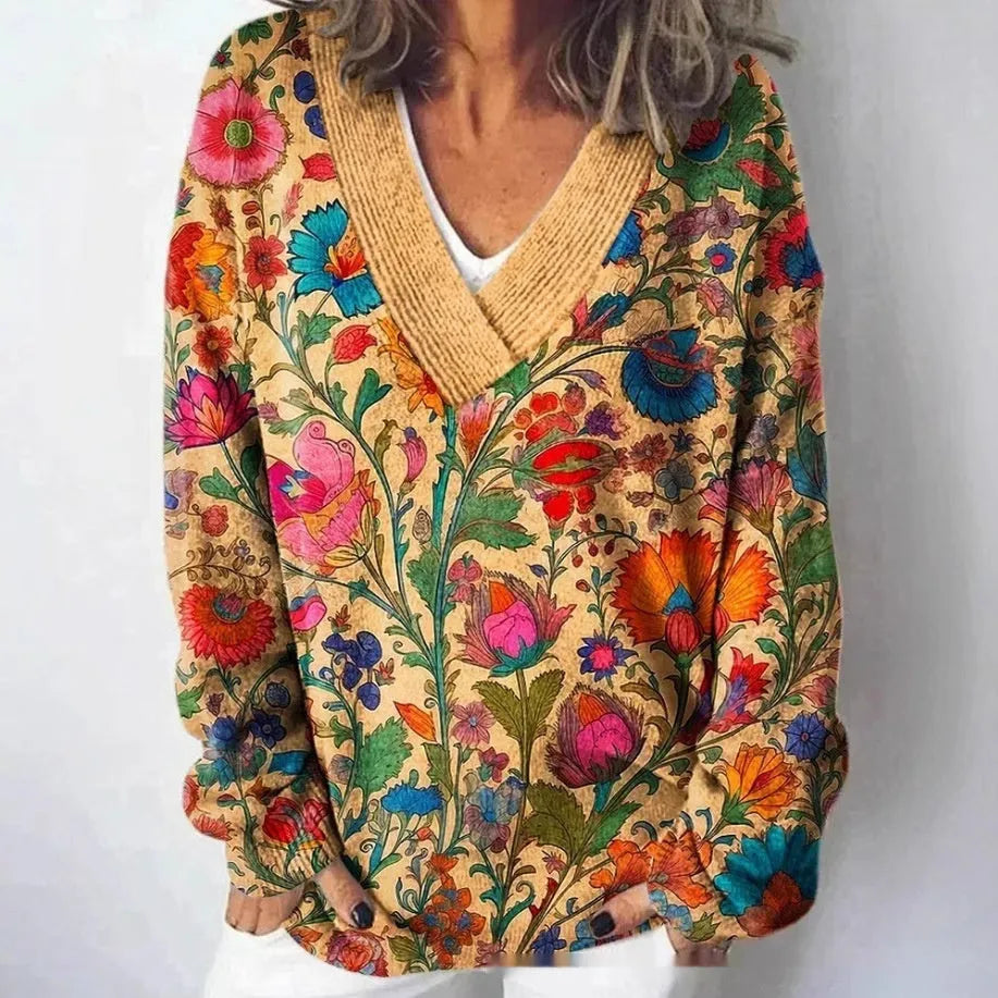 Women's V-neck long sleeve sweatshirt with a detailed 3D floral printed pattern in a retro style.