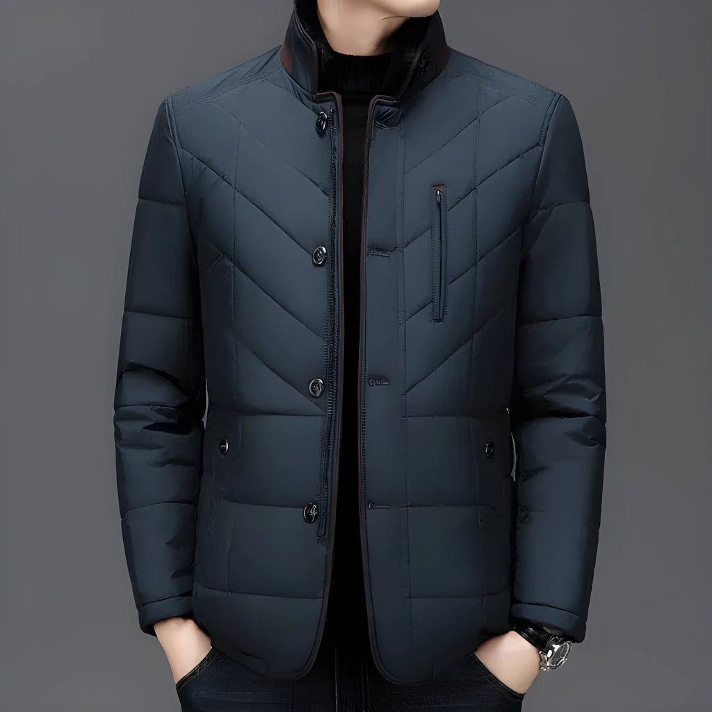 Men's solid colour winter cotton-padded coat with side seam pockets in dark blue