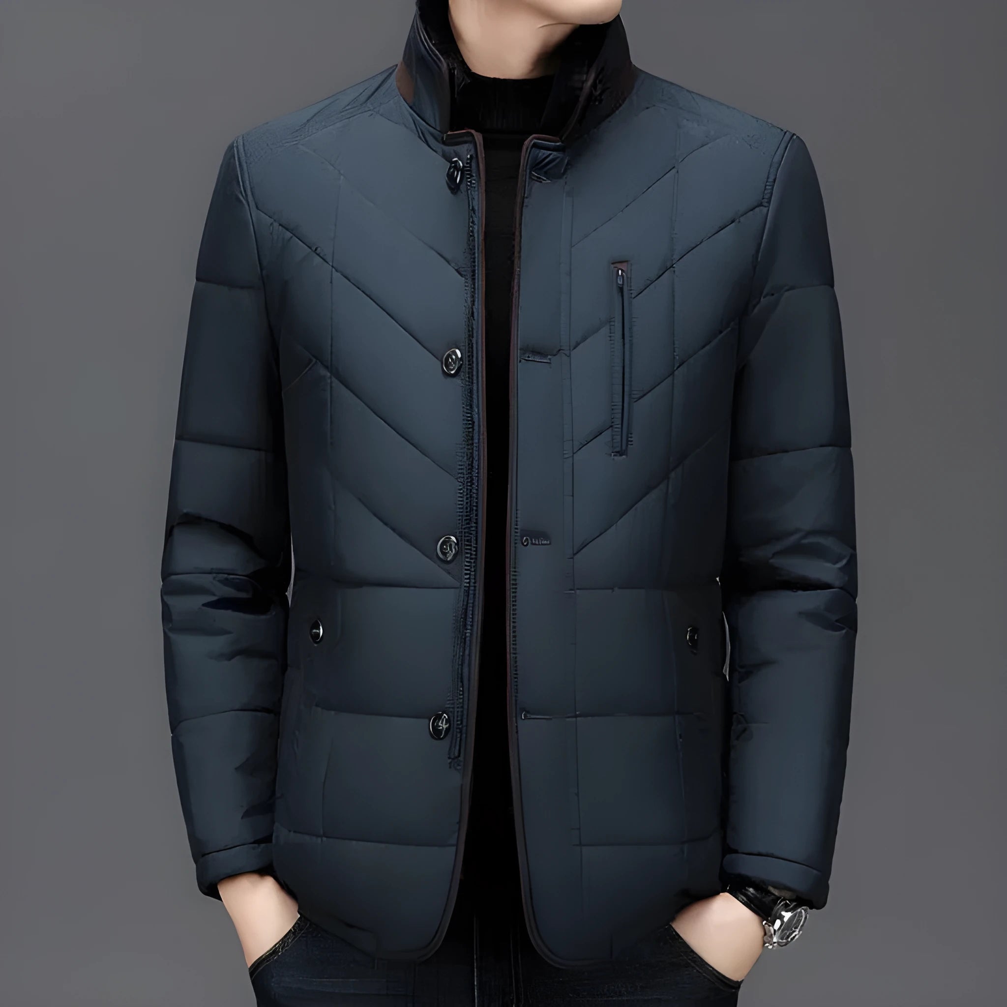 Men's solid colour winter cotton-padded coat with side seam pockets in dark blue