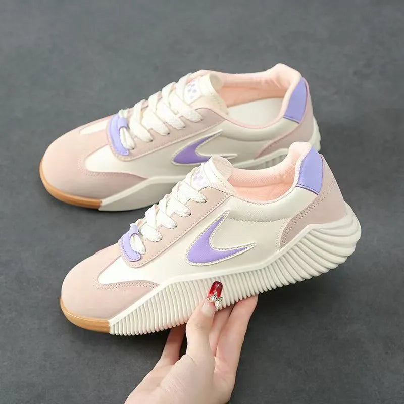 Soft leather casual sneaker in beige orange, low top flat heel round toe, with rubber sole