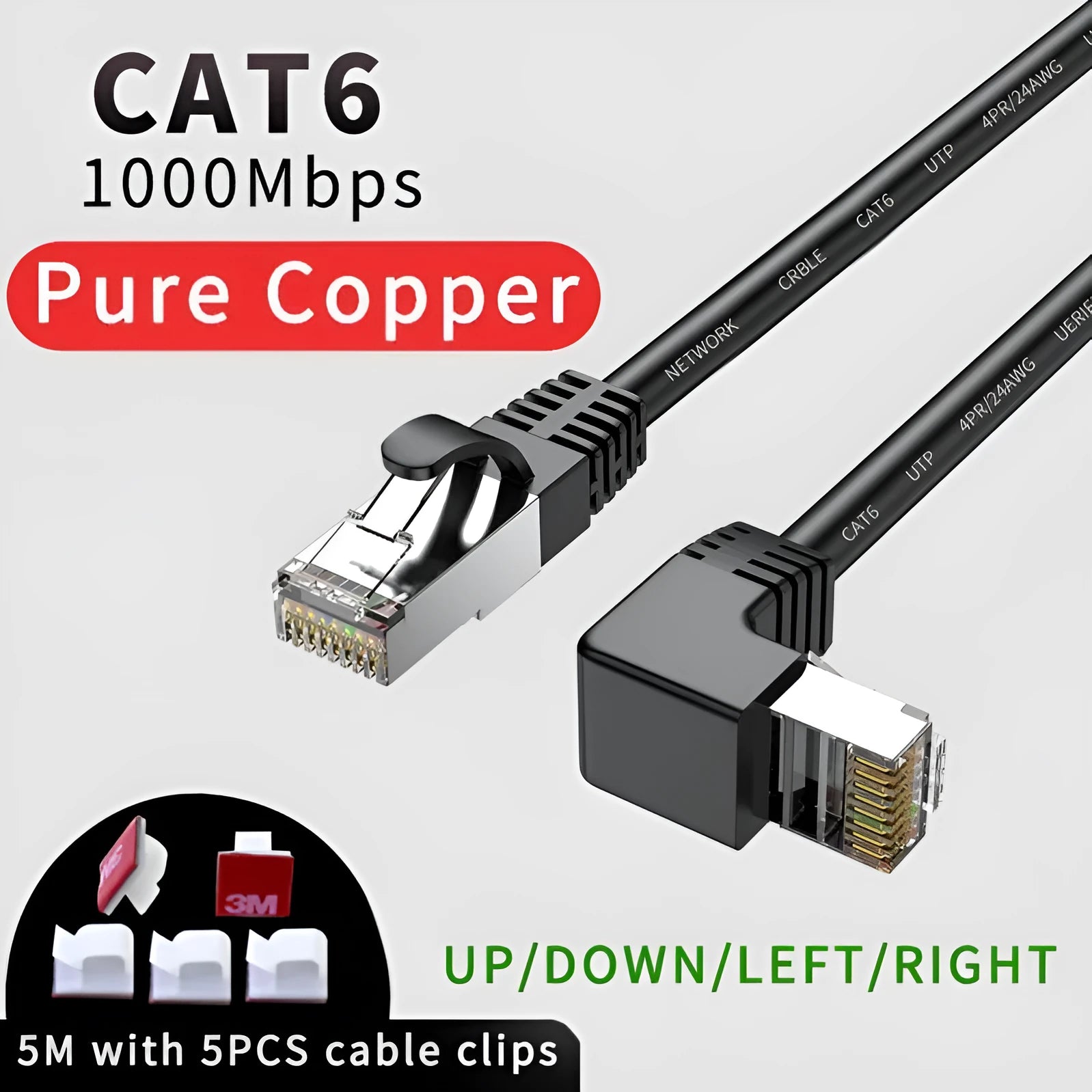 Cat6 Ethernet cable with right-angle RJ45 connector in various colours and lengths
