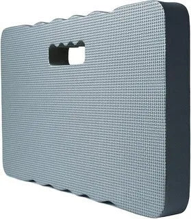Blue EVA foam garden kneeler pad on grass, showing size next to gardening tools.