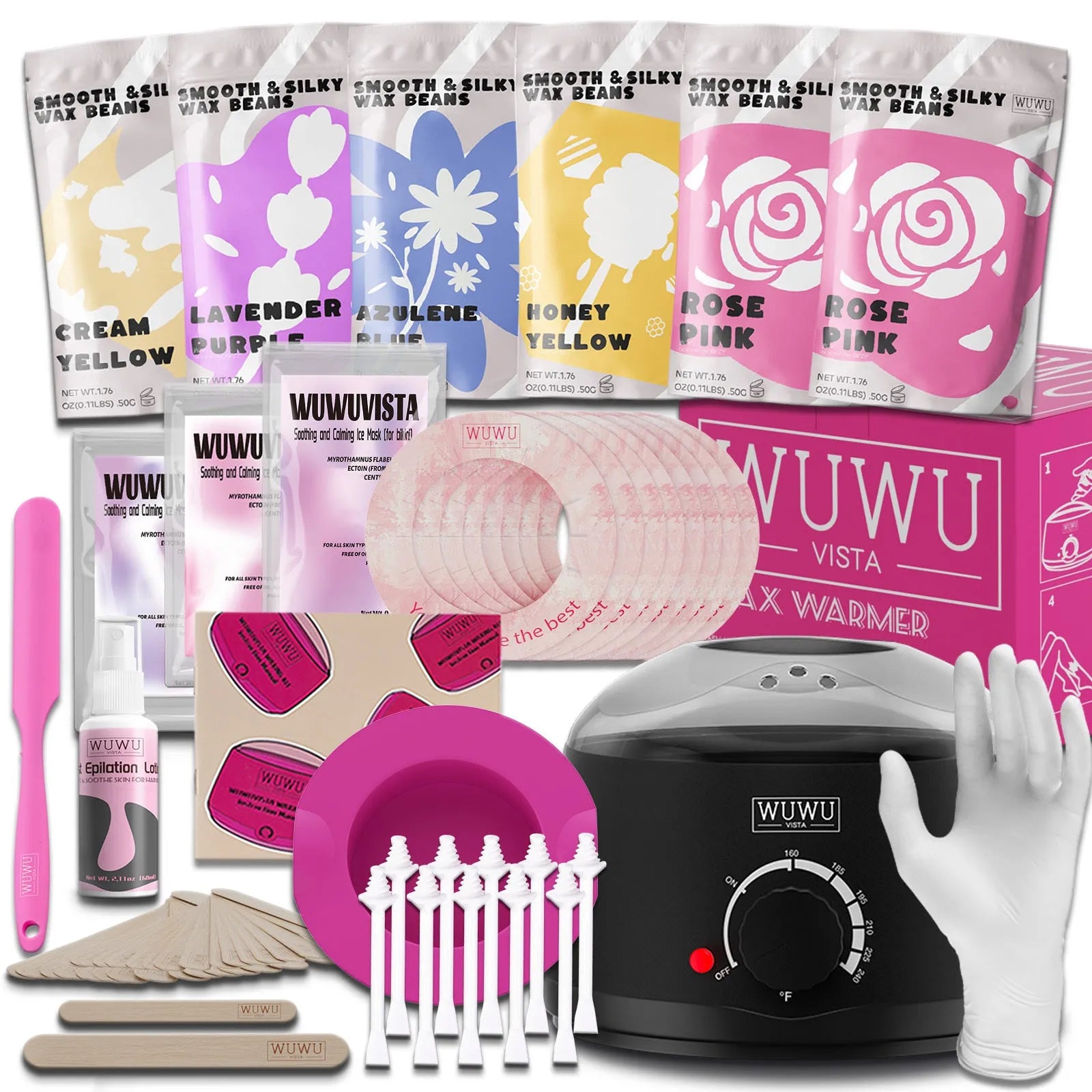 WUWUVISTA 56-piece professional waxing kit with black wax warmer, coloured wax beads, applicators and aftercare products