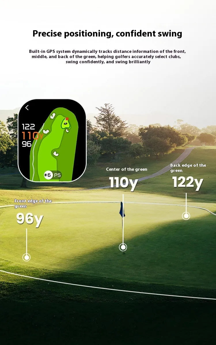 Black GenePro G1 GPS golf rangefinder showing AMOLED display and objective lens