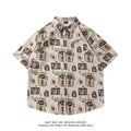 Loose short sleeve shirt with floral print, worn open as a cardigan-style top.