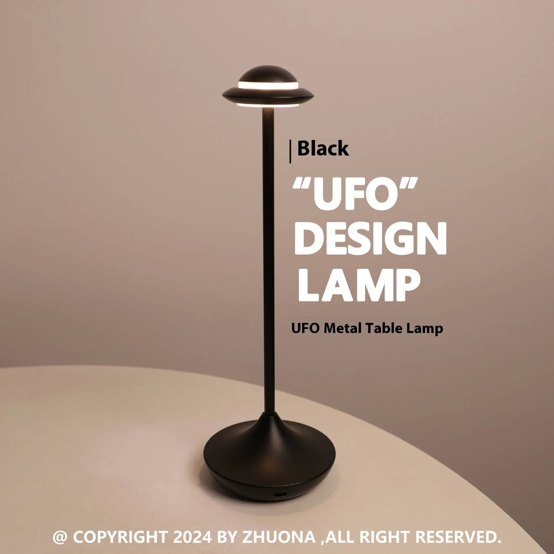 Modern UFO-shaped metal table lamp in black, gold, or grey with touch dimming controls.