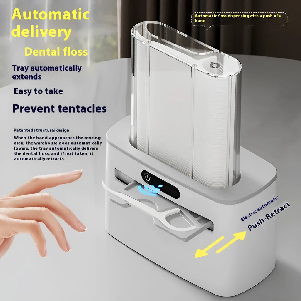 Electric dental floss box in dark grey, light grey or gold with automatic pop-up mechanism