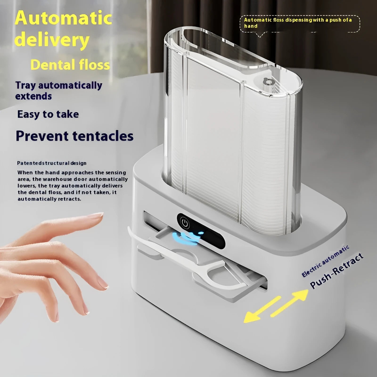 Electric dental floss box in dark grey, light grey or gold with automatic pop-up mechanism