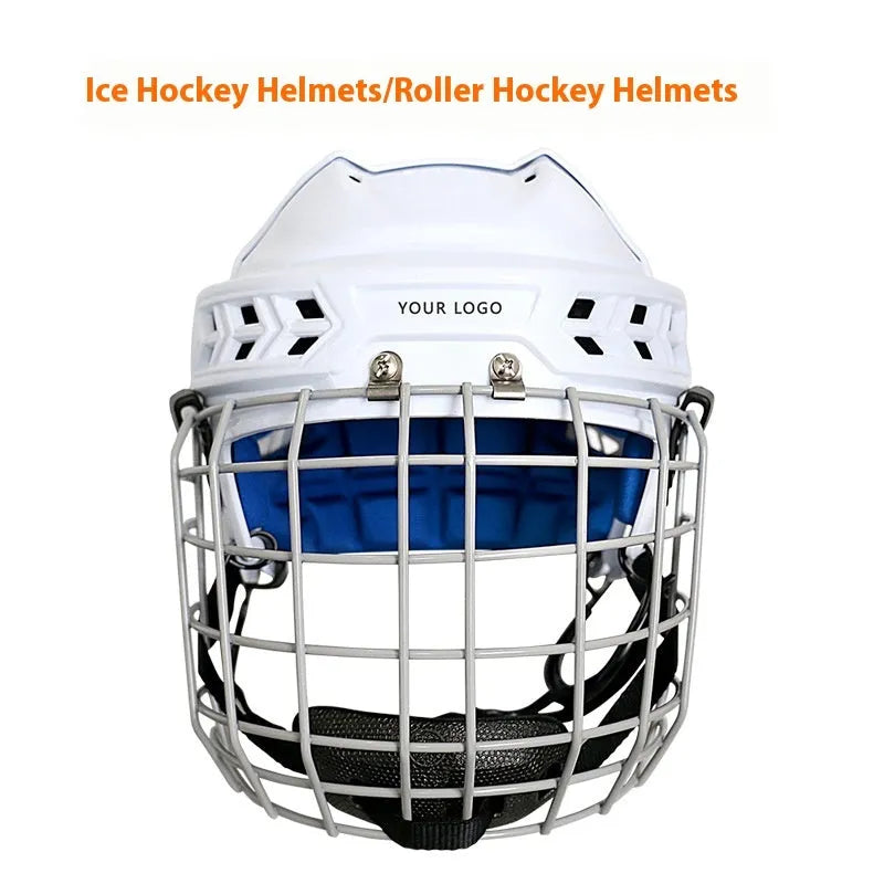 Ice hockey and ball hockey helmet with a carbon steel face mask, shown in a side view.