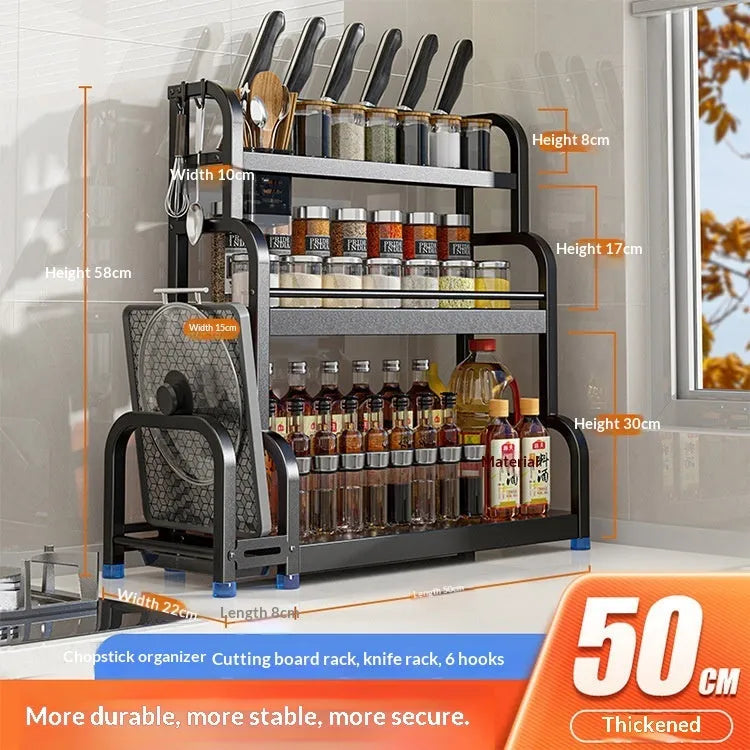 Modern no-drill carbon steel floor storage rack with knife holder and six hooks for kitchen organisation.