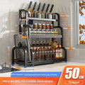 Modern no-drill carbon steel floor storage rack with knife holder and six hooks for kitchen organisation.