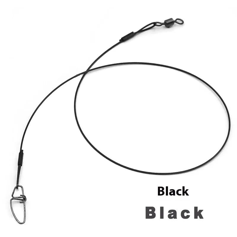 Ten green anti-bite steel wire fishing leaders with double buckle pins, each 54cm long, laid out straight.