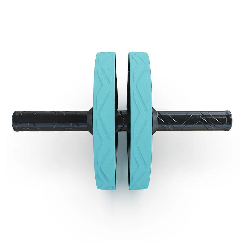 Blue double wheel abdominal trainer on floor for core strengthening exercises
