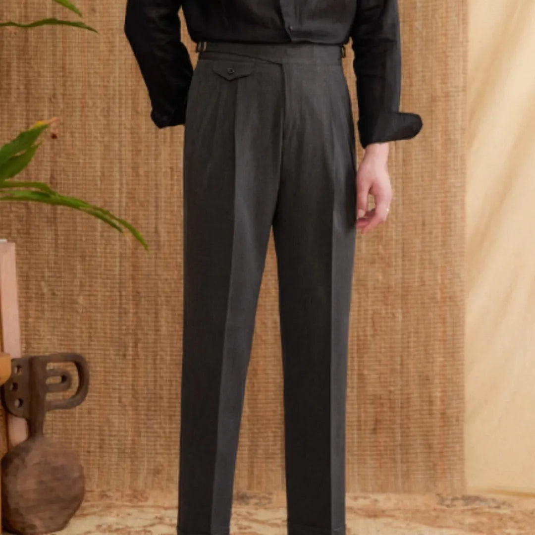Men's slim fit straight leg trousers in dark grey for business casual and commuting wear.