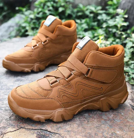 Men's black leather lace-up walking shoes with thick rubber soles