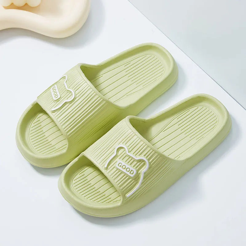 Cartoon bear EVA slippers in lemon yellow, open toe, non-slip sole, for bathroom house use