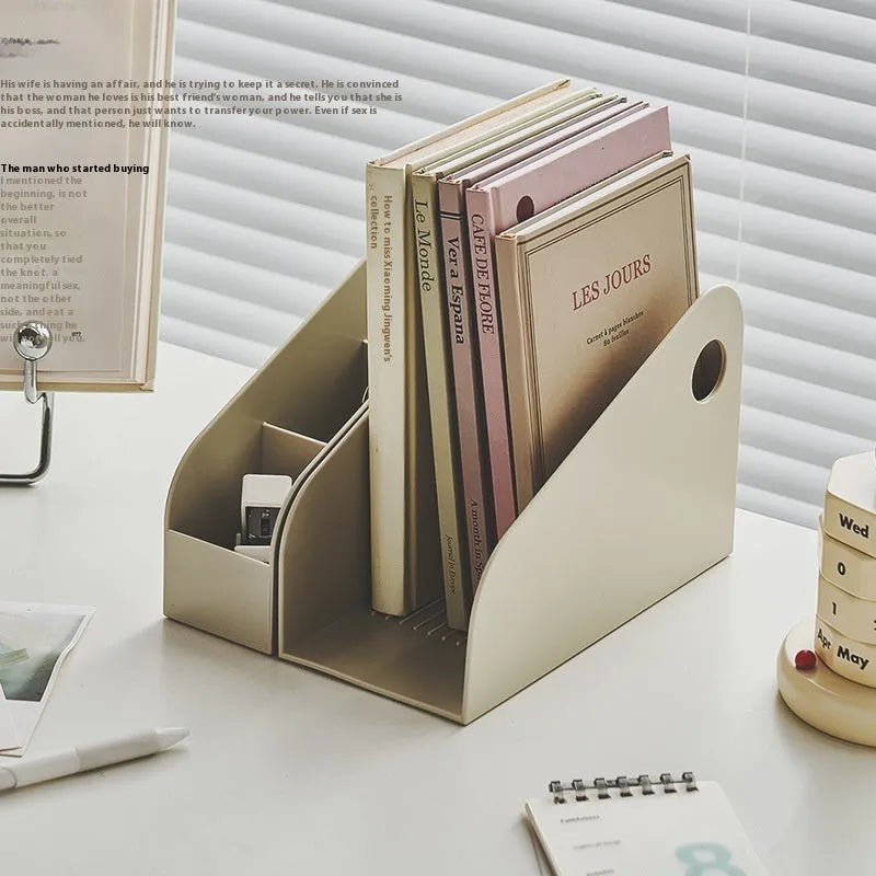 Plastic desktop storage box with two shelves in milk coffee colour, dimensions 14.5x17x22 cm