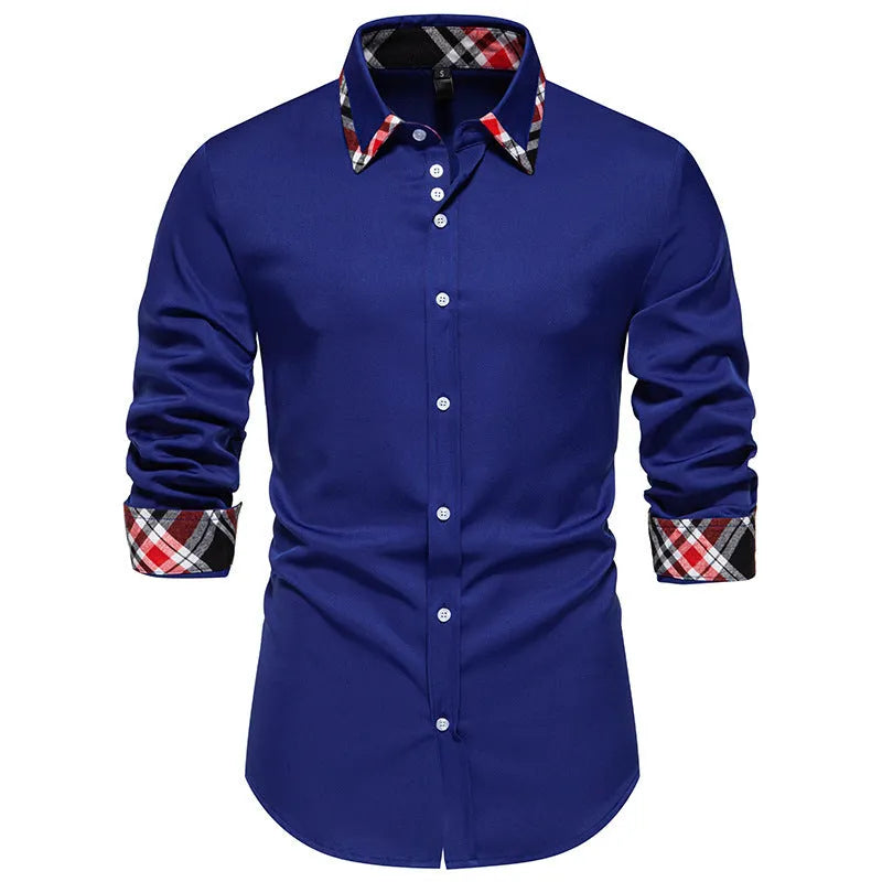 Men's polyester blend plaid shirt with triangle collar in black, blue or white colour options