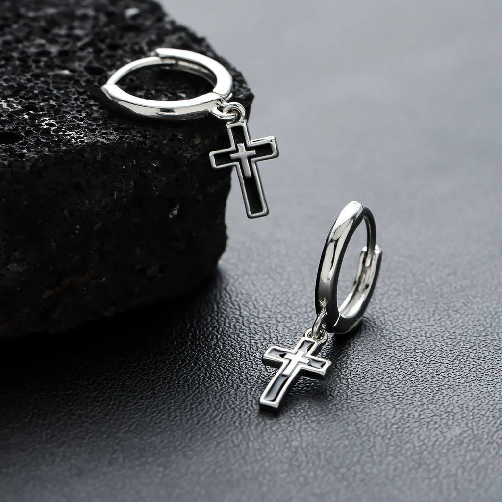 Silver plated cross retro earrings unisex geometric simple style on display