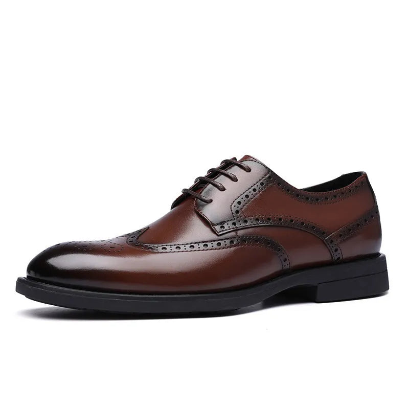 Men's black and brown brogue leather shoes with classic perforated toe design for business wear
