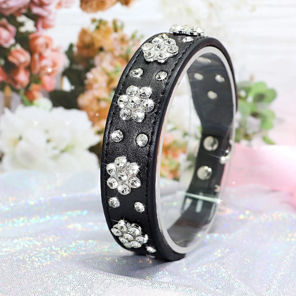 Black PU leather dog collar with sparkling rhinestone flower pattern and metal D-ring