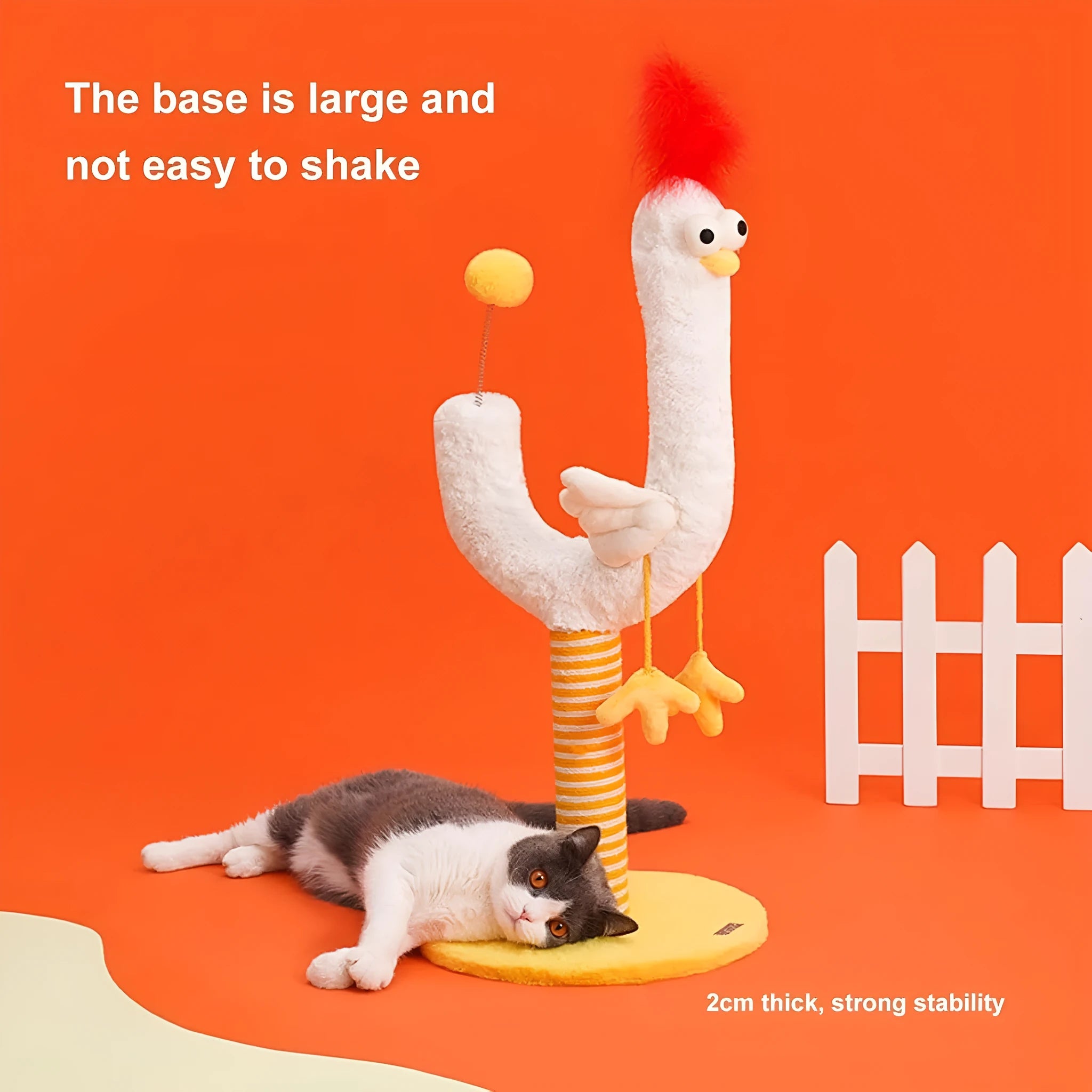 Sisal vertical cat scratching post with chicken strip pattern and spring ball, 88cm tall