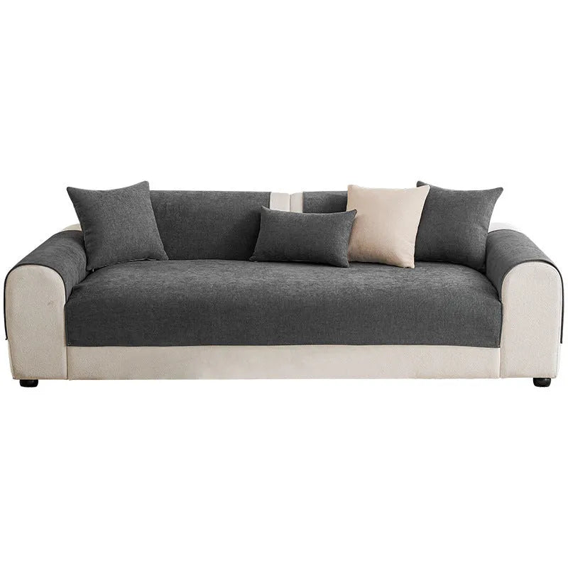 Waterproof chenille sofa cushion cover in dark gray, on a sofa, with soft texture and spill-resistant layer