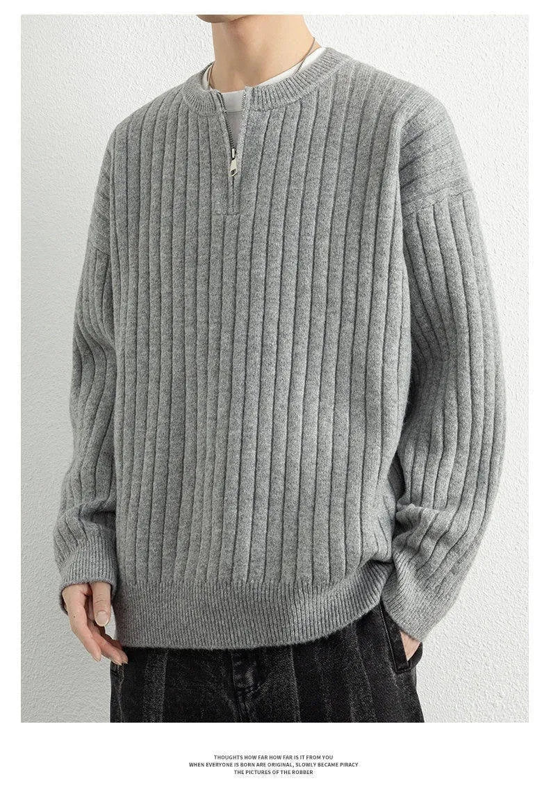 Men's grey half-zip textured knit pullover sweater with loose fit and long sleeves