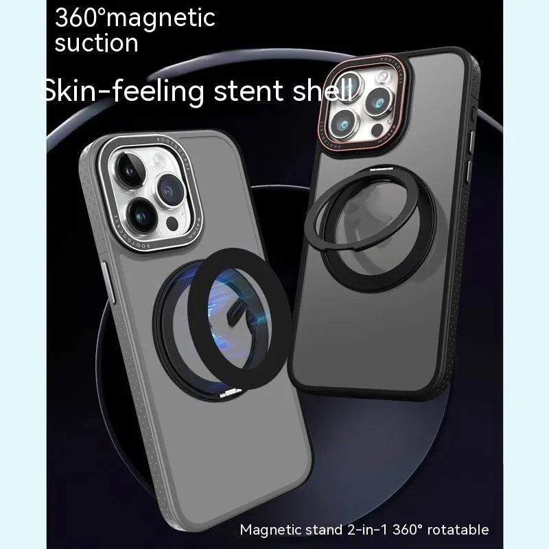 Rotary magnetic adhesive invisible bracket silicone phone case for iPhone showing bracket extended in black colour