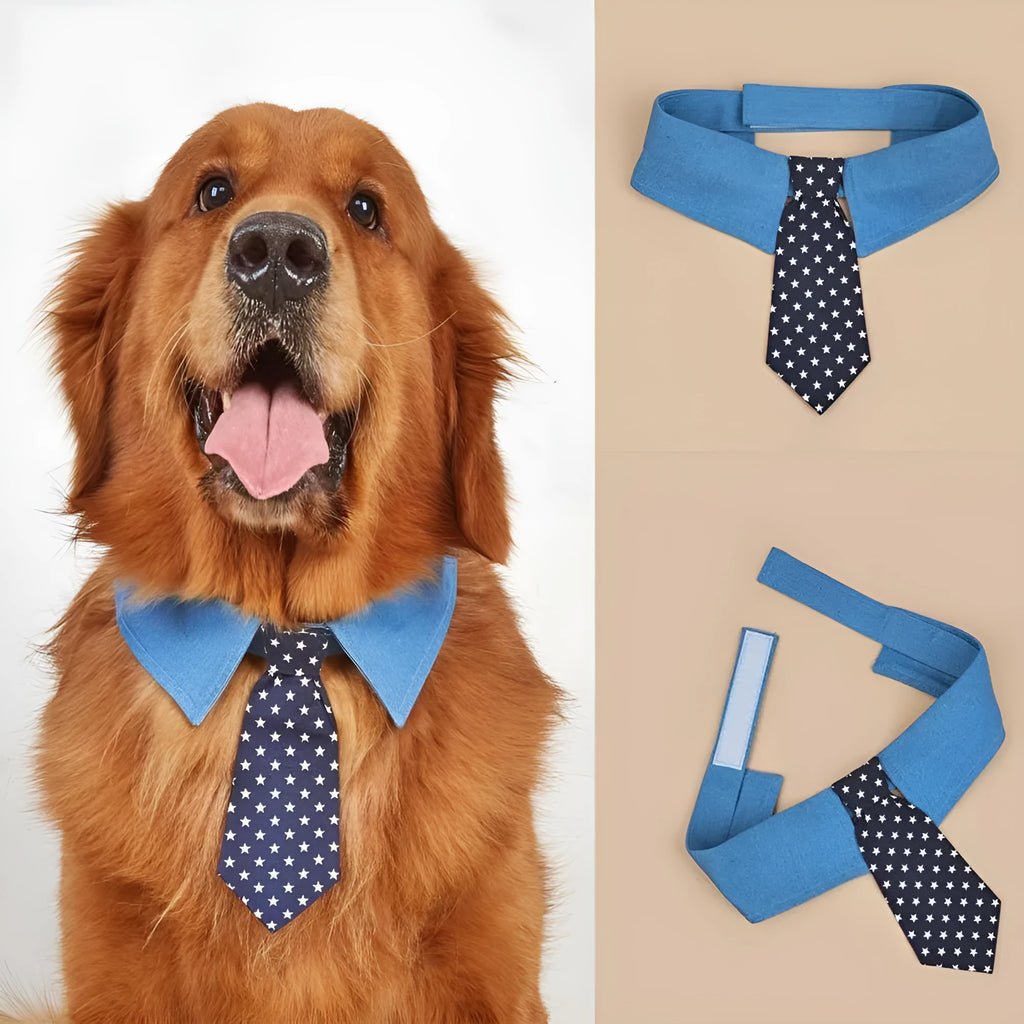 Blue denim dog collar with a star-pattern bow tie, shown with a fastener tape closure.