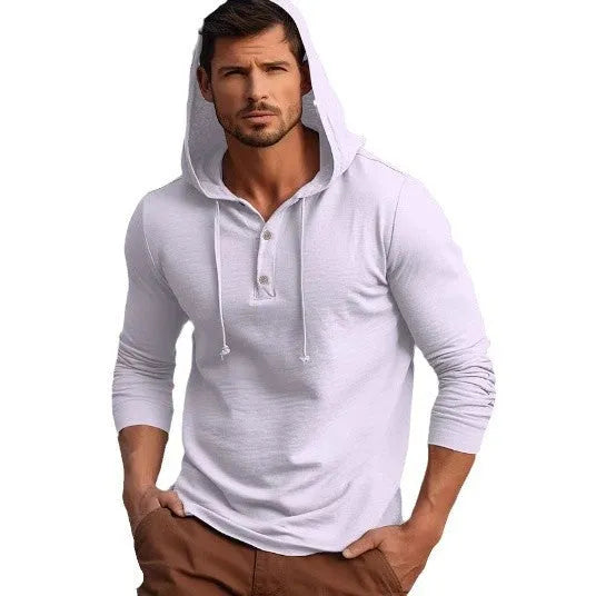 Men's cotton pullover hoodie in dark blue colour showing long sleeves and casual sports style