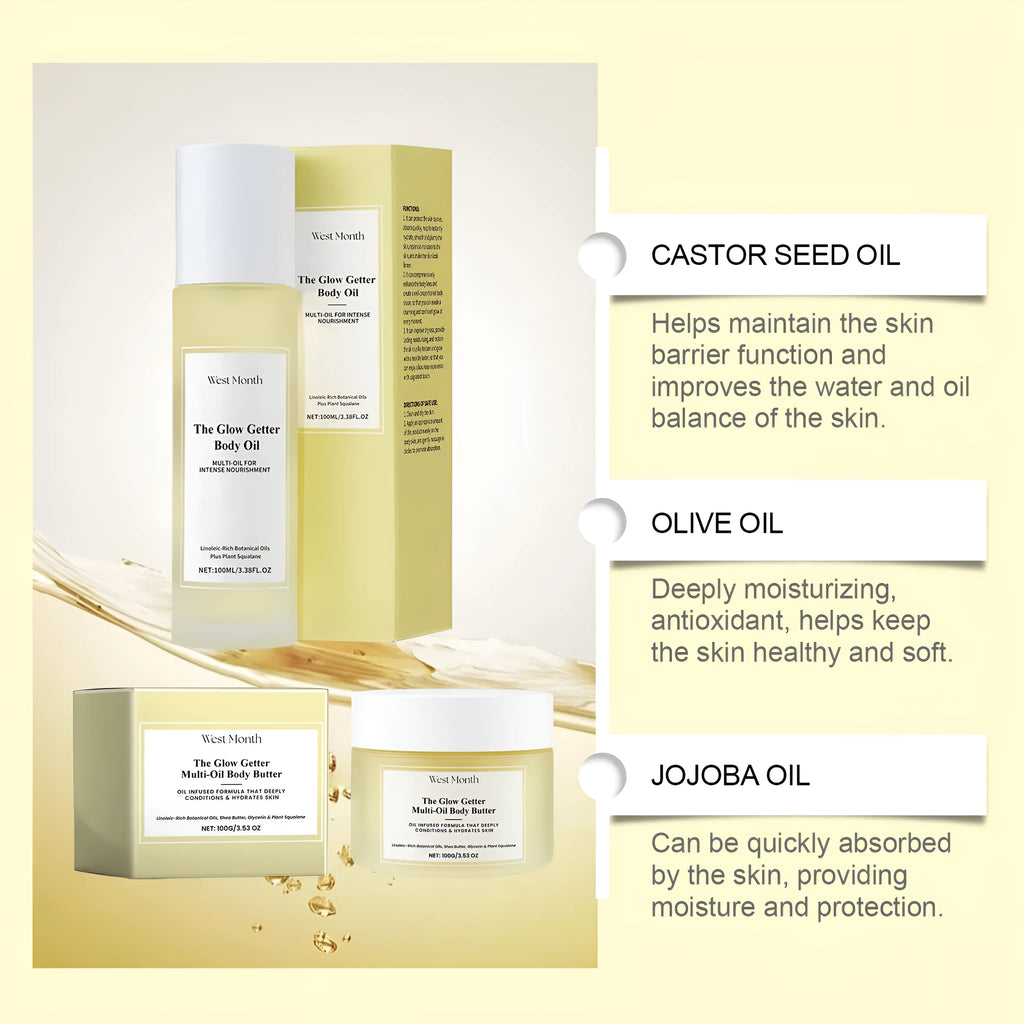 Nourishing and Firming Body Care Kit showing skincare oil bottle and moisturising cream jar.