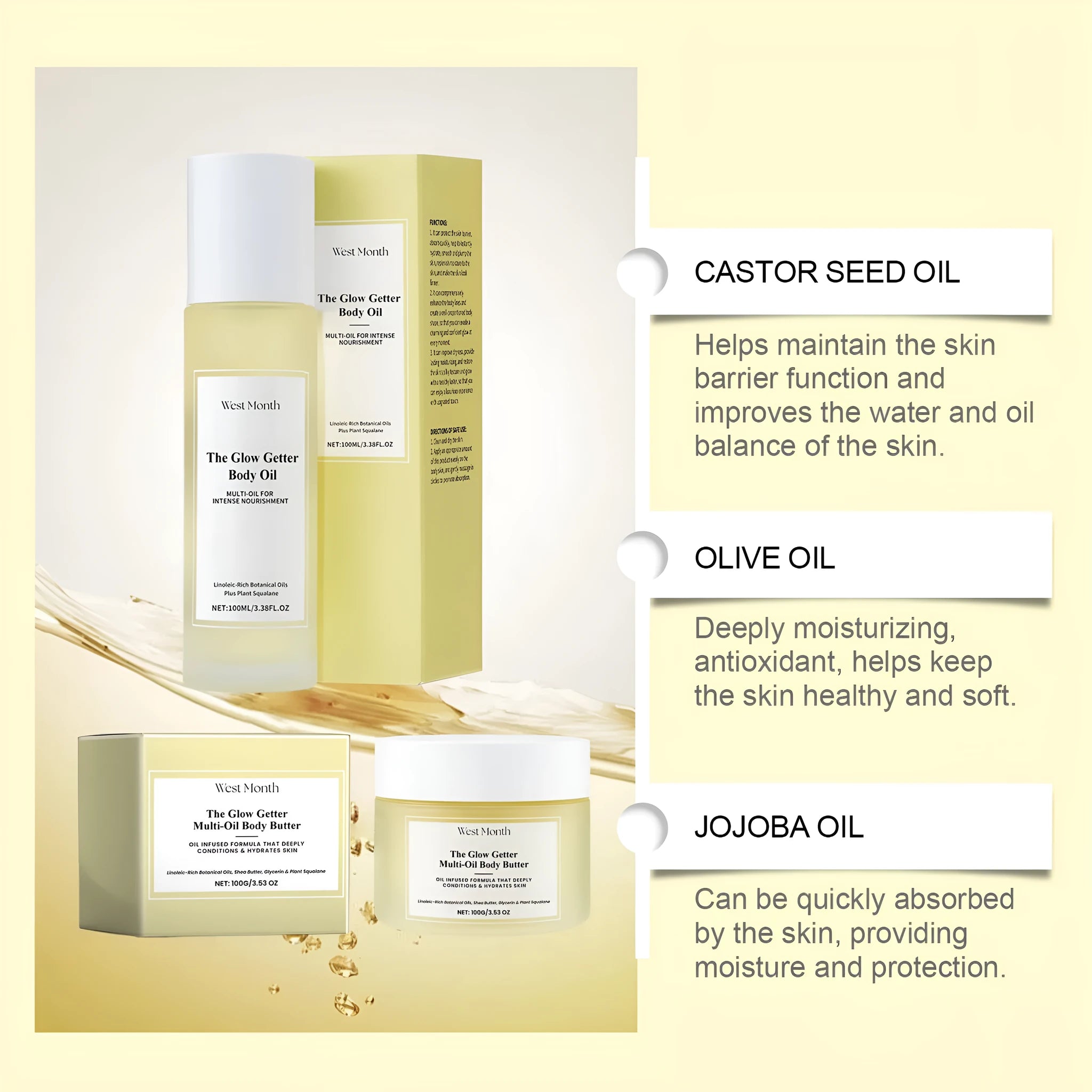 Nourishing and Firming Body Care Kit showing skincare oil bottle and moisturising cream jar.