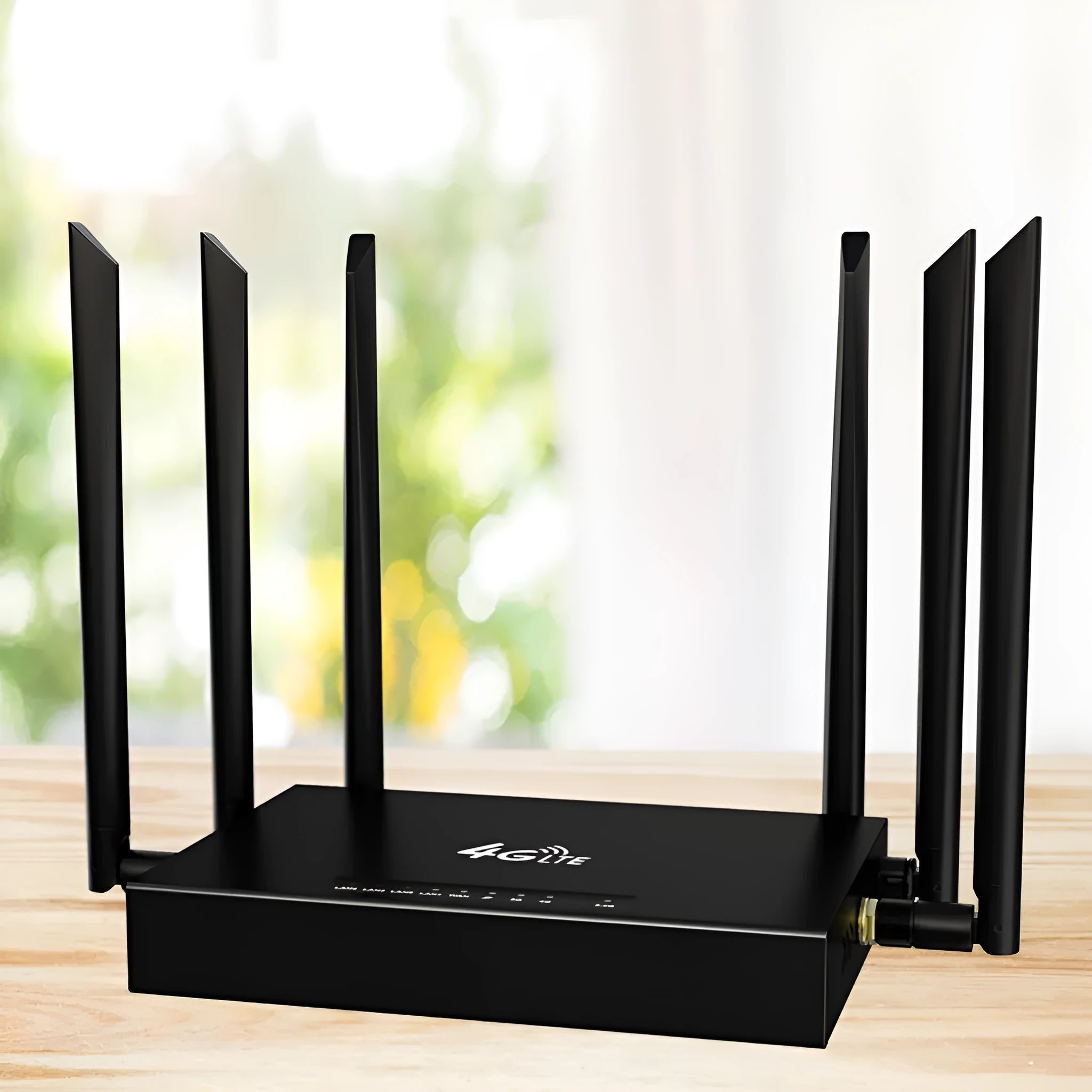 Industrial iron box 4G router with power adapter on a table, showing compact size and DC power port.