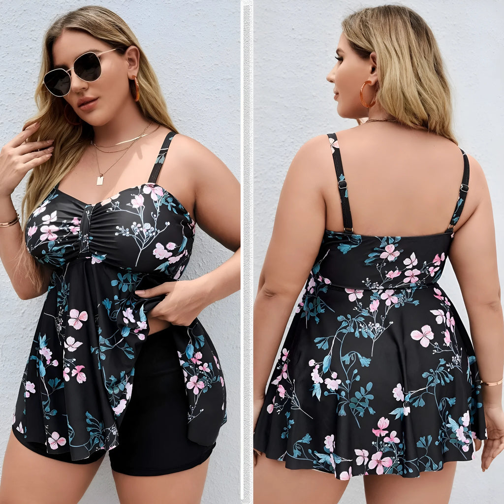 Women's one-piece floral print swimsuit with split colour design on a mannequin, showing high elasticity polyester fabric.