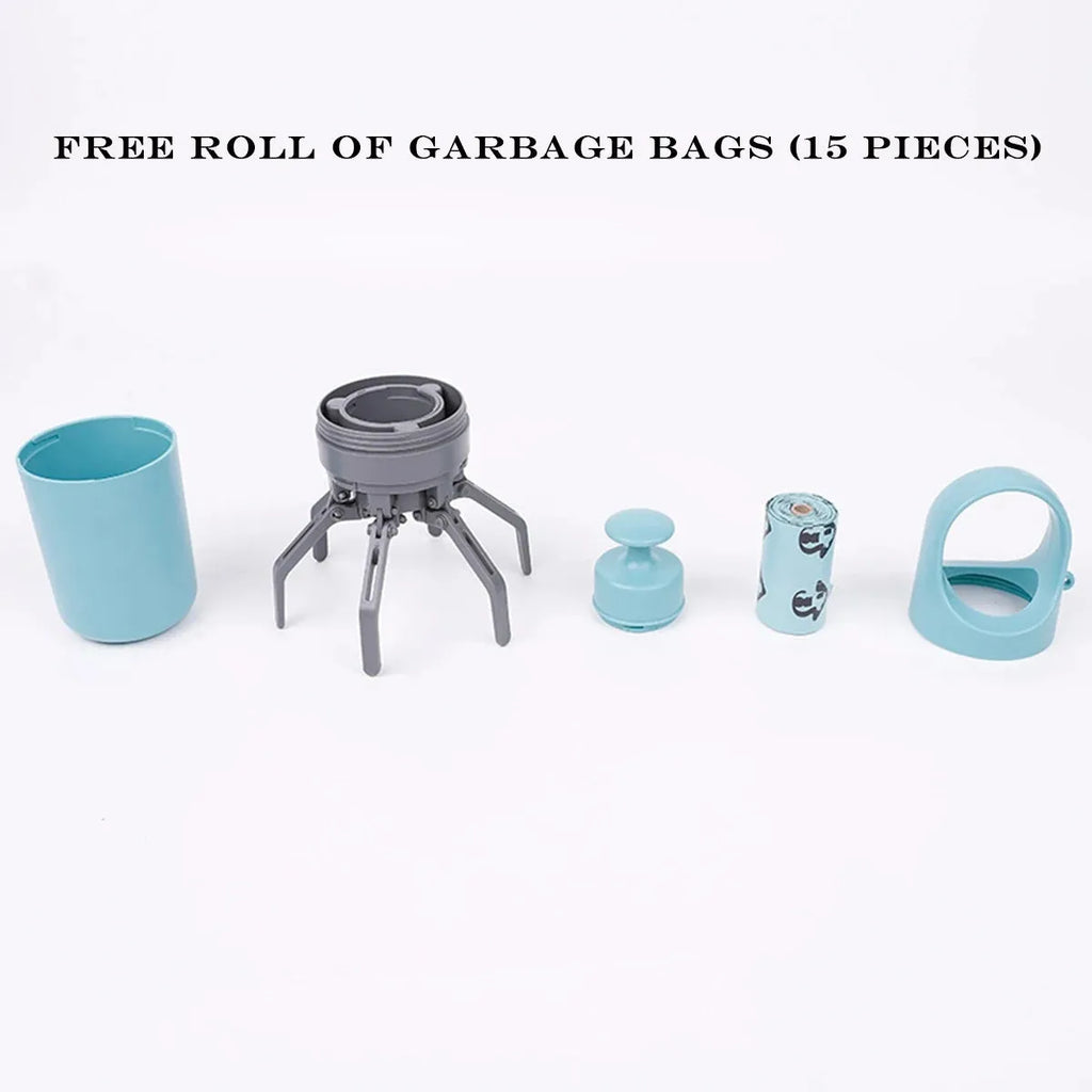 Blue plastic pet pooper scooper with claw mechanism and built-in garbage bag dispenser for outdoor waste collection