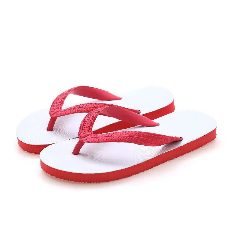 Fish label rubber flip-flops in four colours with non-slip deodorant soles, shown with size guide