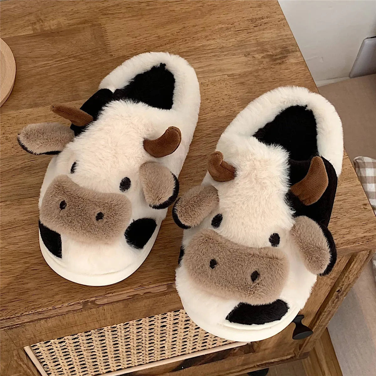 White cow animal slippers with faux fur and anti-slip textured soles
