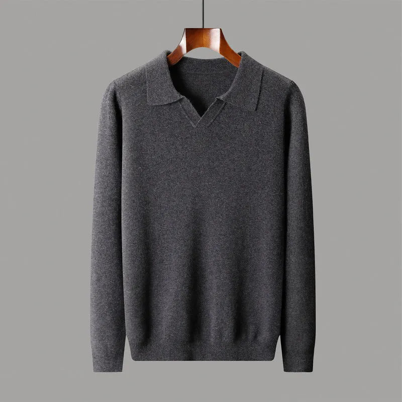 Men's dark gray wool polo collar knitted long sleeve sweater loose fit pullover